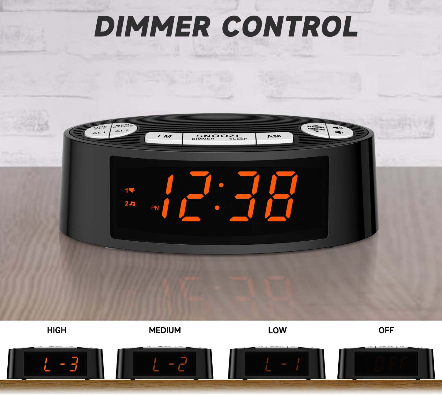 Digital iTOMA AM/FM Alarm Clock Radio with Dual Alarm, Sleep Timer & Snooze Functions, Orange LED Display, 4-Level Dimming Option 3301