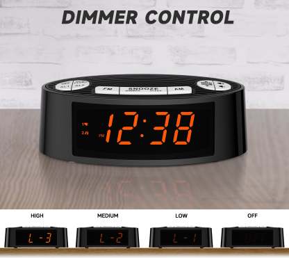 Digital iTOMA AM/FM Alarm Clock Radio with Dual Alarm, Sleep Timer & Snooze Functions, Orange LED Display, 4-Level Dimming Option 3301