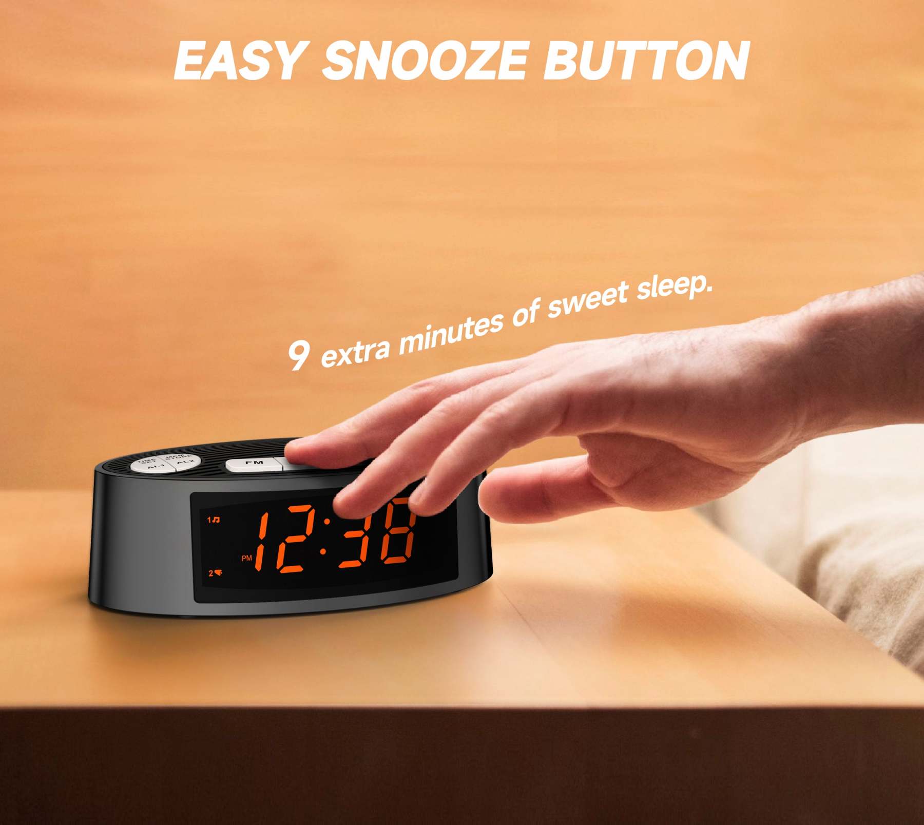 Digital iTOMA AM/FM Alarm Clock Radio with Dual Alarm, Sleep Timer & Snooze Functions, Orange LED Display, 4-Level Dimming Option 3301