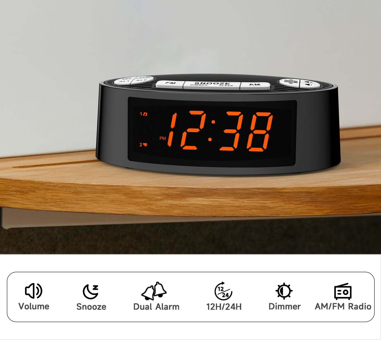 Digital iTOMA AM/FM Alarm Clock Radio with Dual Alarm, Sleep Timer & Snooze Functions, Orange LED Display, 4-Level Dimming Option 3301