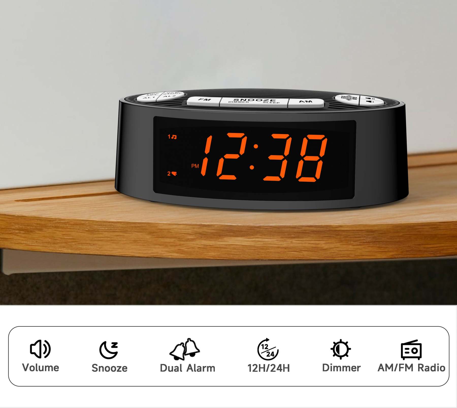 Digital iTOMA AM/FM Alarm Clock Radio with Dual Alarm, Sleep Timer & Snooze Functions, Orange LED Display, 4-Level Dimming Option 3301