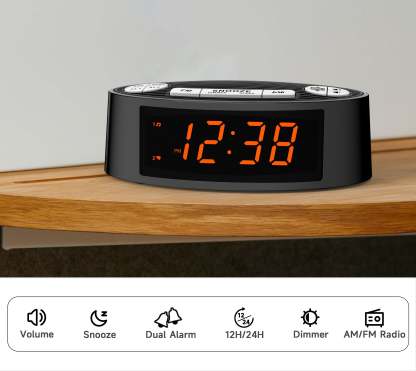 Digital iTOMA AM/FM Alarm Clock Radio with Dual Alarm, Sleep Timer & Snooze Functions, Orange LED Display, 4-Level Dimming Option 3301