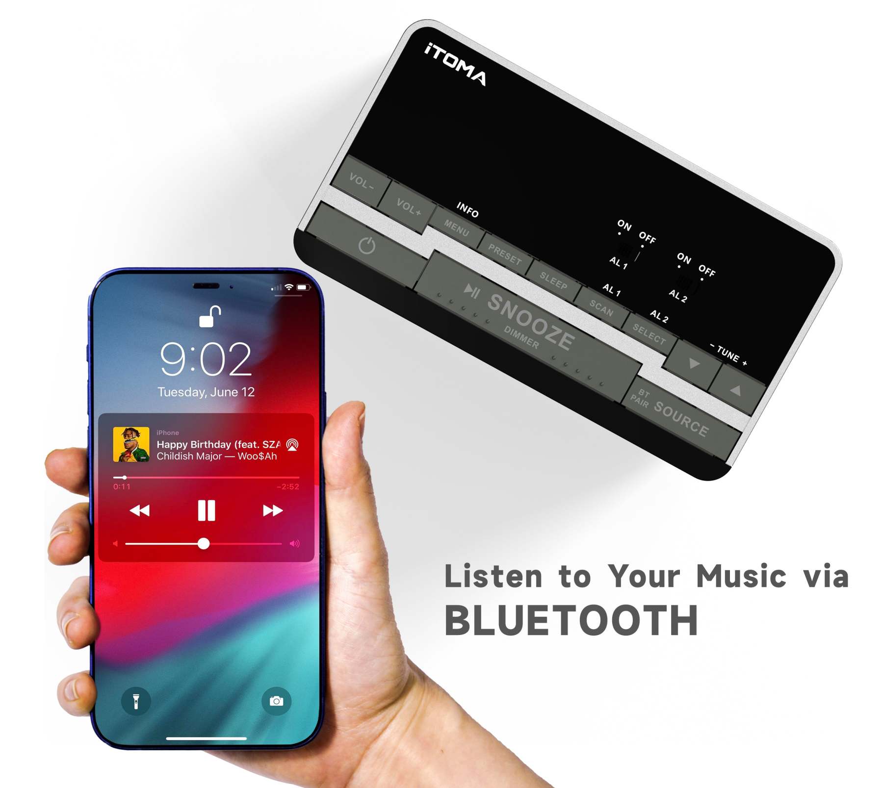 Alarm Clock with DAB&FM Radio USB Charging Port, Bluetooth Stereo Speaker, Headphone Jack, Dual Alarm, Snooze, Dimmable LCD Display iTOMA 3501D