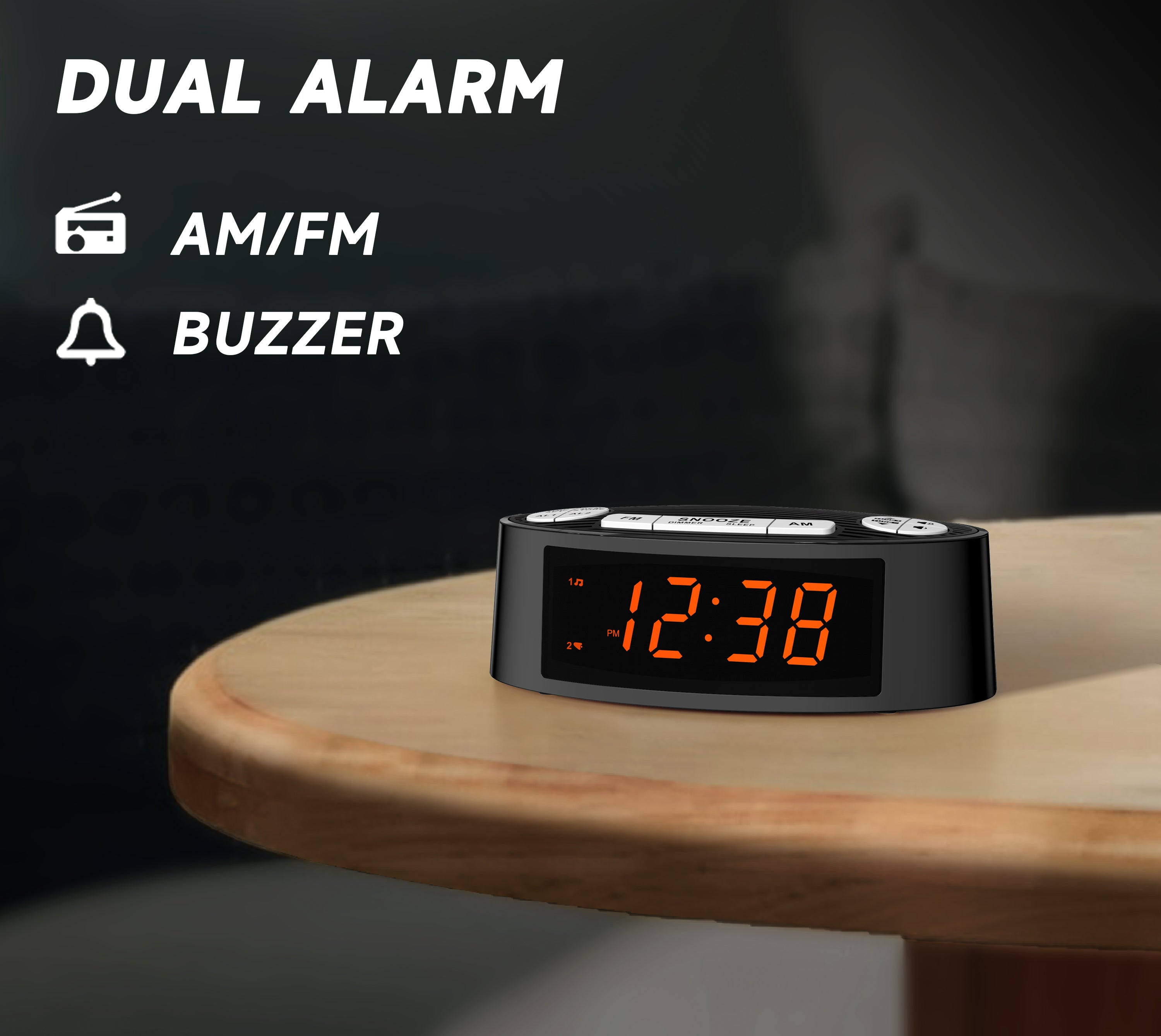 Digital iTOMA AM/FM Alarm Clock Radio with Dual Alarm, Sleep Timer & Snooze Functions, Orange LED Display, 4-Level Dimming Option 3301
