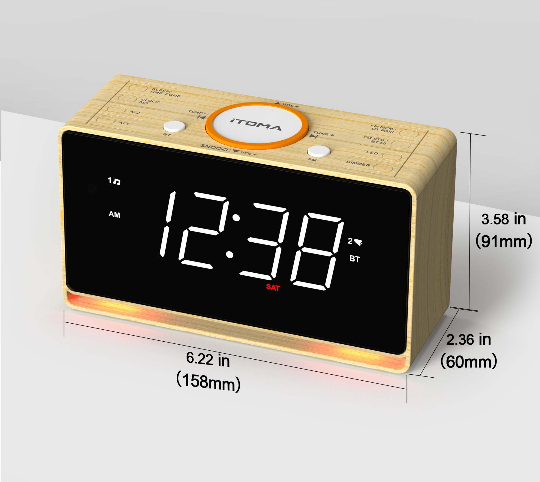 Digital Alarm Clock Radio, 1.4" White LED Display Clock with Bluetooth, FM Radio, Dual Alarm, Sleep Timer, Snooze, Auto & Manual Dimmer, USB Charger and Night Light iTOMA 718