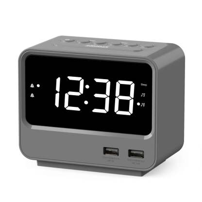 Alarm Clock Radio for Bedrooms with Two USB Charging Port, Large Numbers with adjustable Brightness, Bedside Digital FM Radio with Sleep Timer, Adjustable Volume, Snooze for White Led Digital Clock iTOMA A23