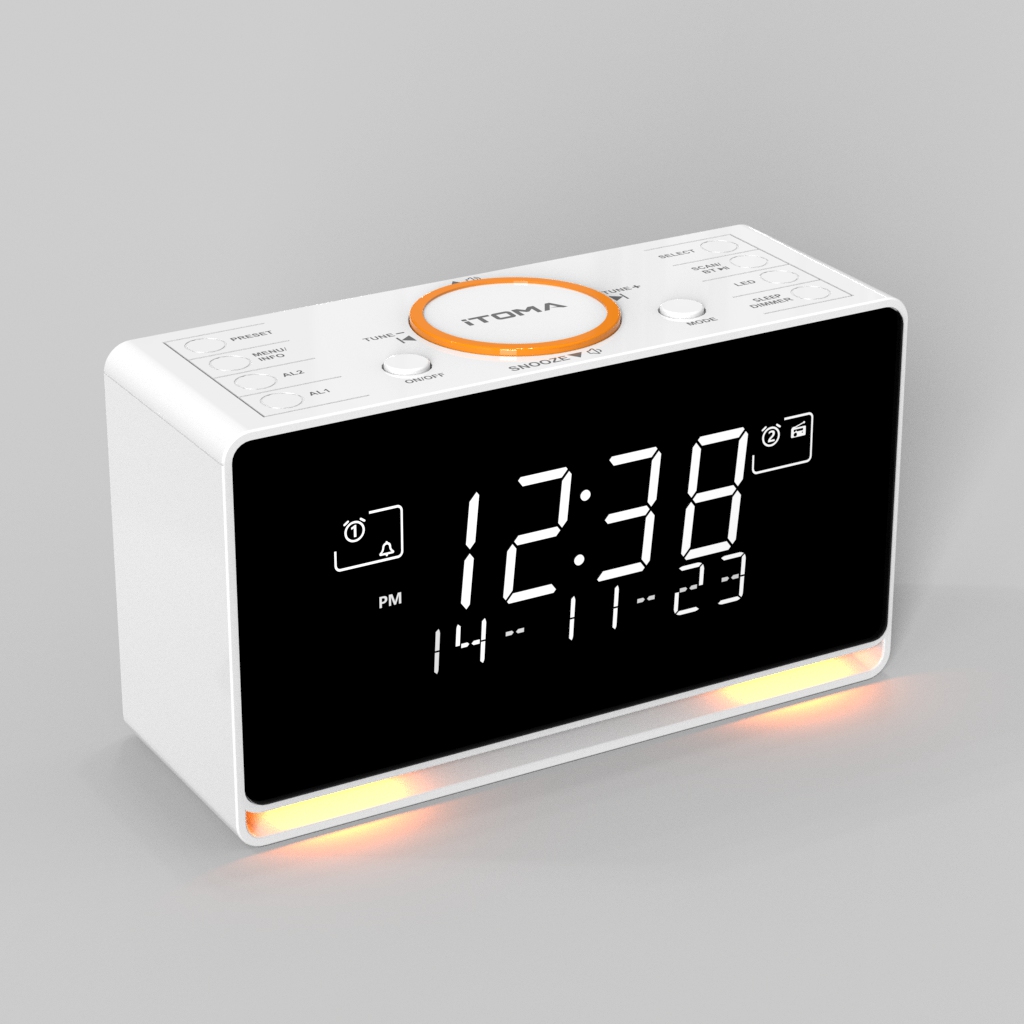 DAB and FM, Bluetooth, dual alarm clocks, sleep timer, dimming control, USB charger and headphone jack iTOMA 728