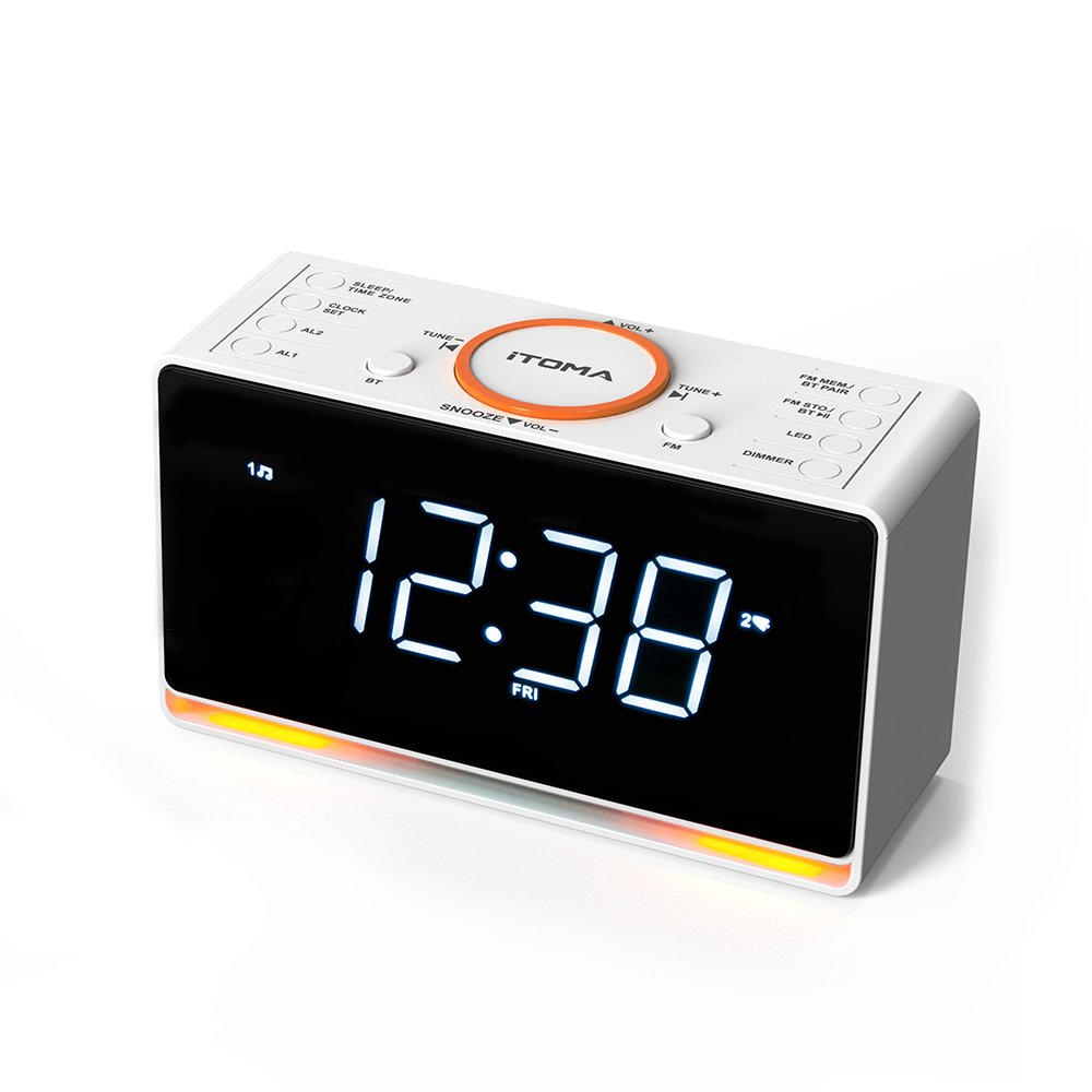 Digital Alarm Clock Radio, 1.4" White LED Display Clock with Bluetooth, FM Radio, Dual Alarm, Sleep Timer, Snooze, Auto & Manual Dimmer, USB Charger and Night Light iTOMA 718