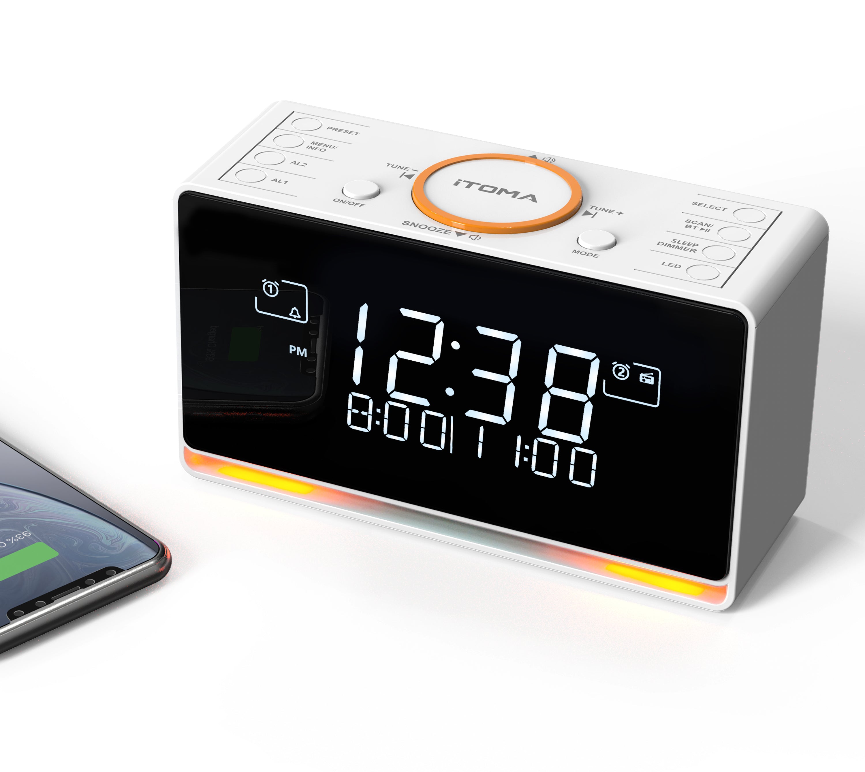 DAB and FM, Bluetooth, dual alarm clocks, sleep timer, dimming control, USB charger and headphone jack iTOMA 728