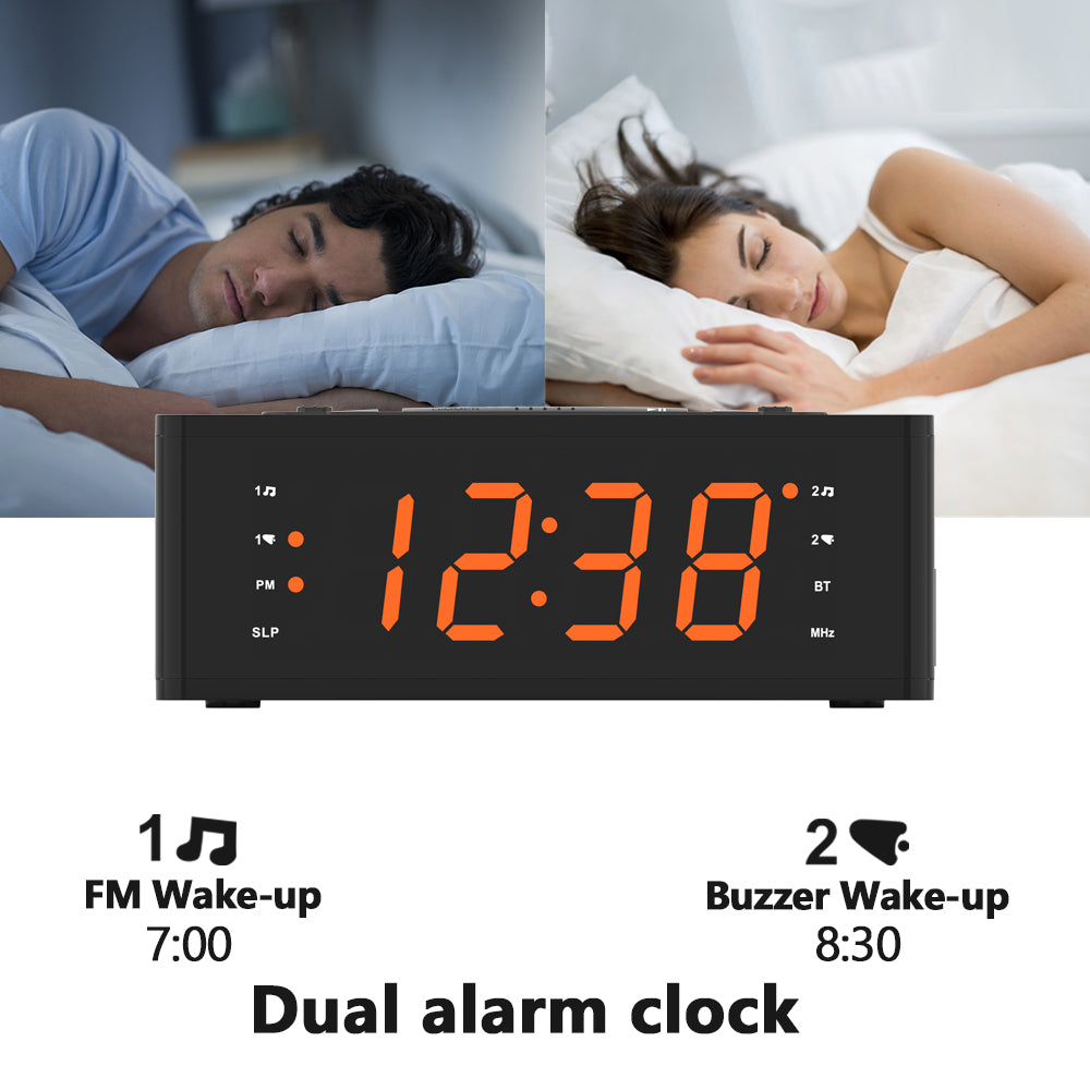 Bedroom Digital Alarm clock with FM radio, Bluetooth, Dimmable LED display screen, sleep timer, adjustable volume, dual alarm clock with on/off button, bedside alarm clock for adults, the elderly and children iTOMA 515