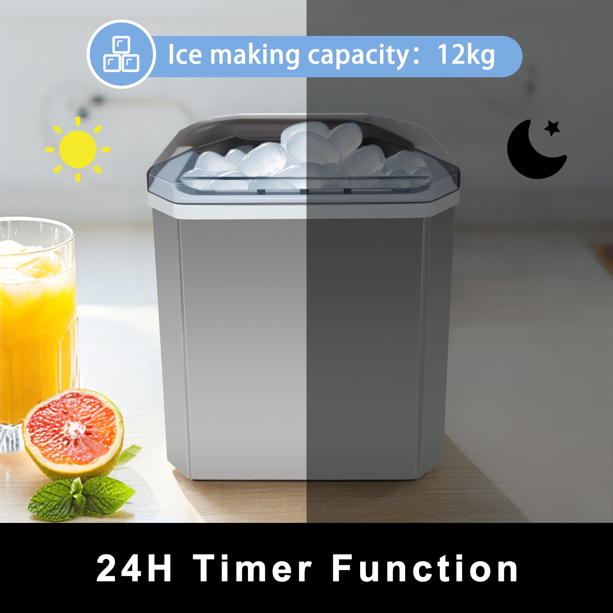 Fully-automated Ice Maker Machine - 12kg/24Hrs, Self-Cleaning, 2 Ice Sizes (S/L), Fast 6-Min Cycle, with Infrared Sensor for Home/Office/Commercial Use YH16M