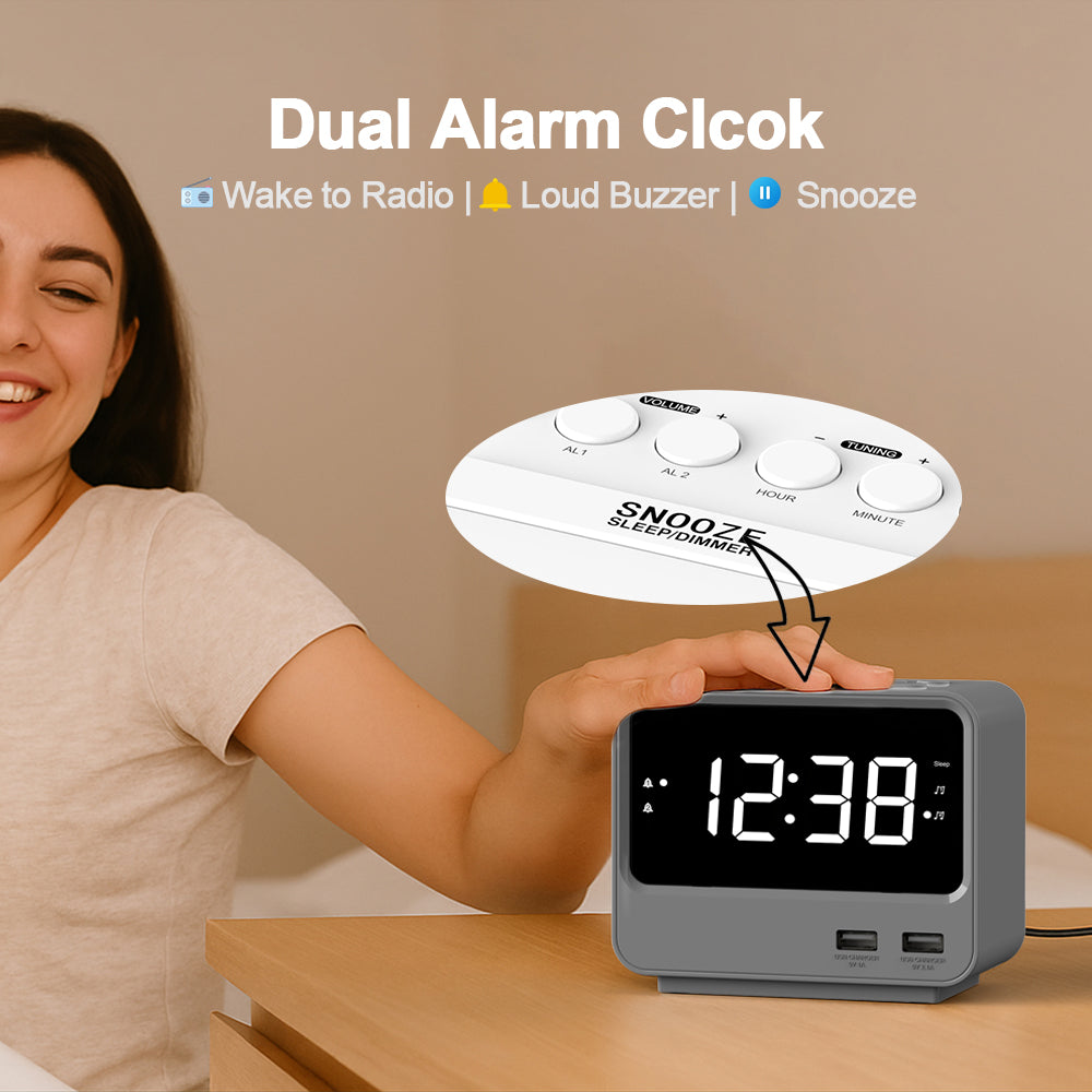 Alarm Clock Radio for Bedrooms with Two USB Charging Port, Large Numbers with adjustable Brightness, Bedside Digital FM Radio with Sleep Timer, Adjustable Volume, Snooze for White Led Digital Clock iTOMA A23