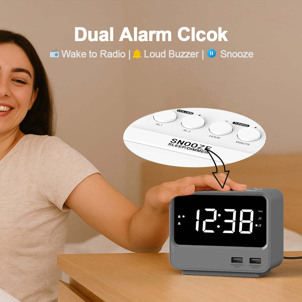 Alarm Clock Radio for Bedrooms with Two USB Charging Port, Large Numbers with adjustable Brightness, Bedside Digital FM Radio with Sleep Timer, Adjustable Volume, Snooze for White Led Digital Clock iTOMA A23