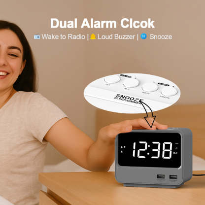 Alarm Clock Radio for Bedrooms with Two USB Charging Port, Large Numbers with adjustable Brightness, Bedside Digital FM Radio with Sleep Timer, Adjustable Volume, Snooze for White Led Digital Clock iTOMA A23