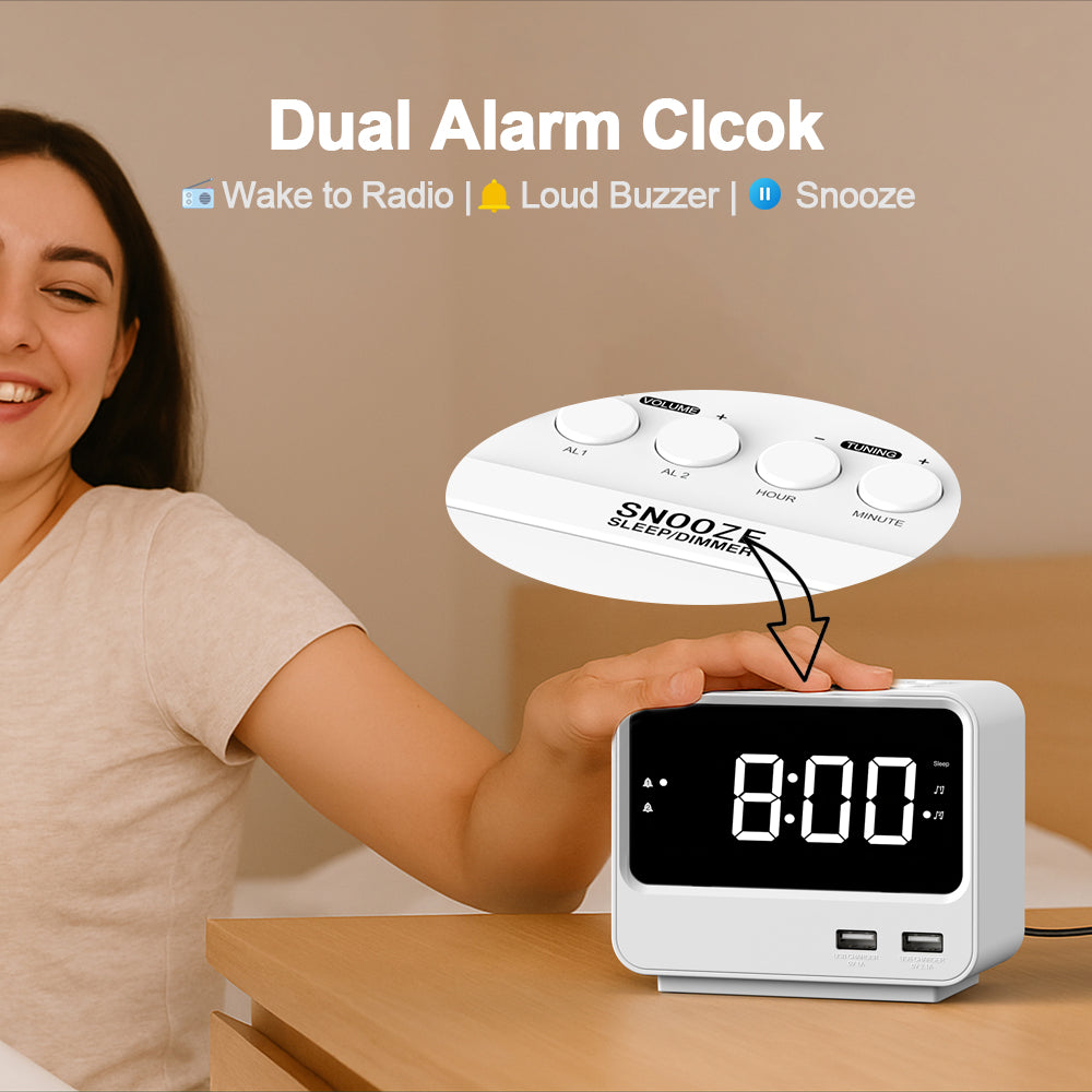 Alarm Clock Radio for Bedrooms with Two USB Charging Port, Large Numbers with adjustable Brightness, Bedside Digital FM Radio with Sleep Timer, Adjustable Volume, Snooze for White Led Digital Clock iTOMA A23