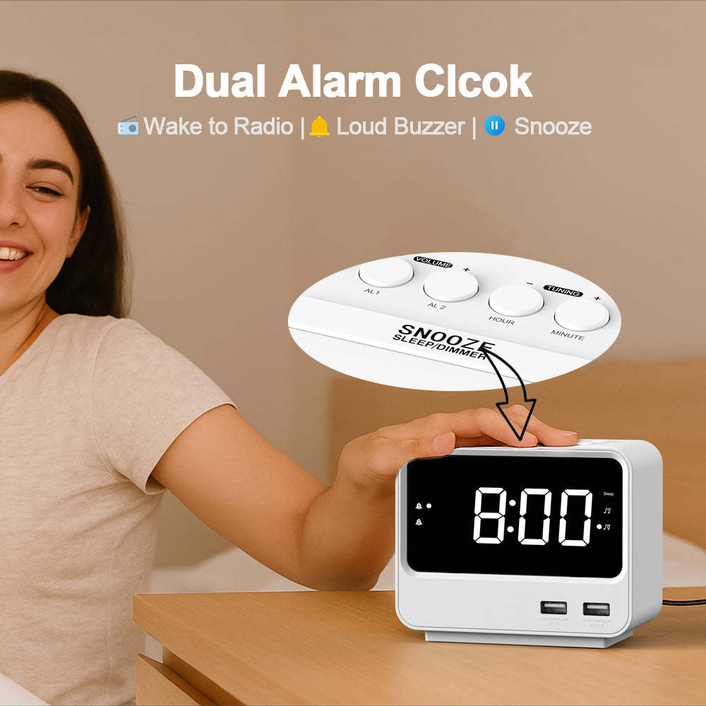 Alarm Clock Radio for Bedrooms with Two USB Charging Port, Large Numbers with adjustable Brightness, Bedside Digital FM Radio with Sleep Timer, Adjustable Volume, Snooze for White Led Digital Clock iTOMA A23