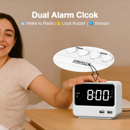 Alarm Clock Radio for Bedrooms with Two USB Charging Port, Large Numbers with adjustable Brightness, Bedside Digital FM Radio with Sleep Timer, Adjustable Volume, Snooze for White Led Digital Clock iTOMA A23