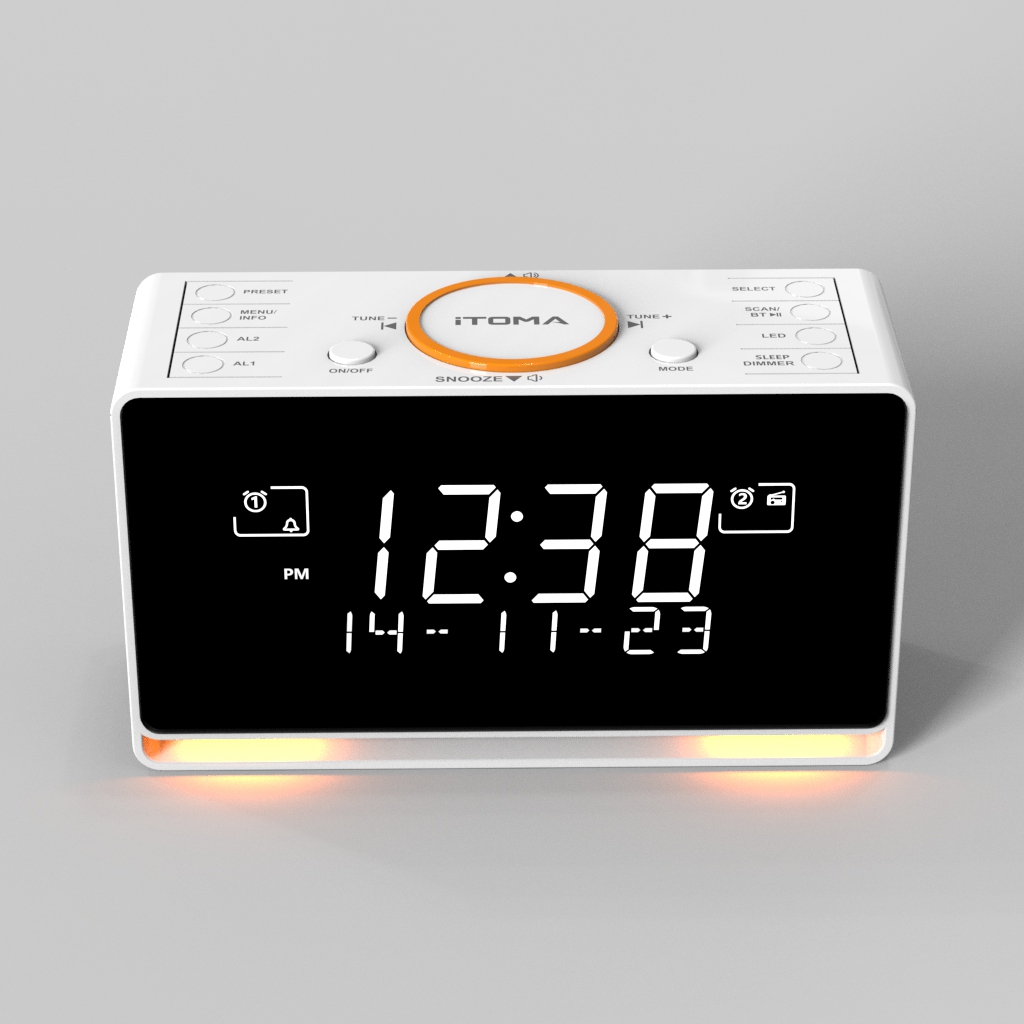 DAB and FM, Bluetooth, dual alarm clocks, sleep timer, dimming control, USB charger and headphone jack iTOMA 728