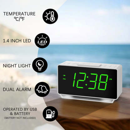 Digital iTOMA 222 Alarm Clock, Dual Alarms with Temperature Display, Snooze,12/24Hr, Night Light and Adjustable Volume, Dimmable, Battery Backup, Portable Small LED Clocks for Bedroom
