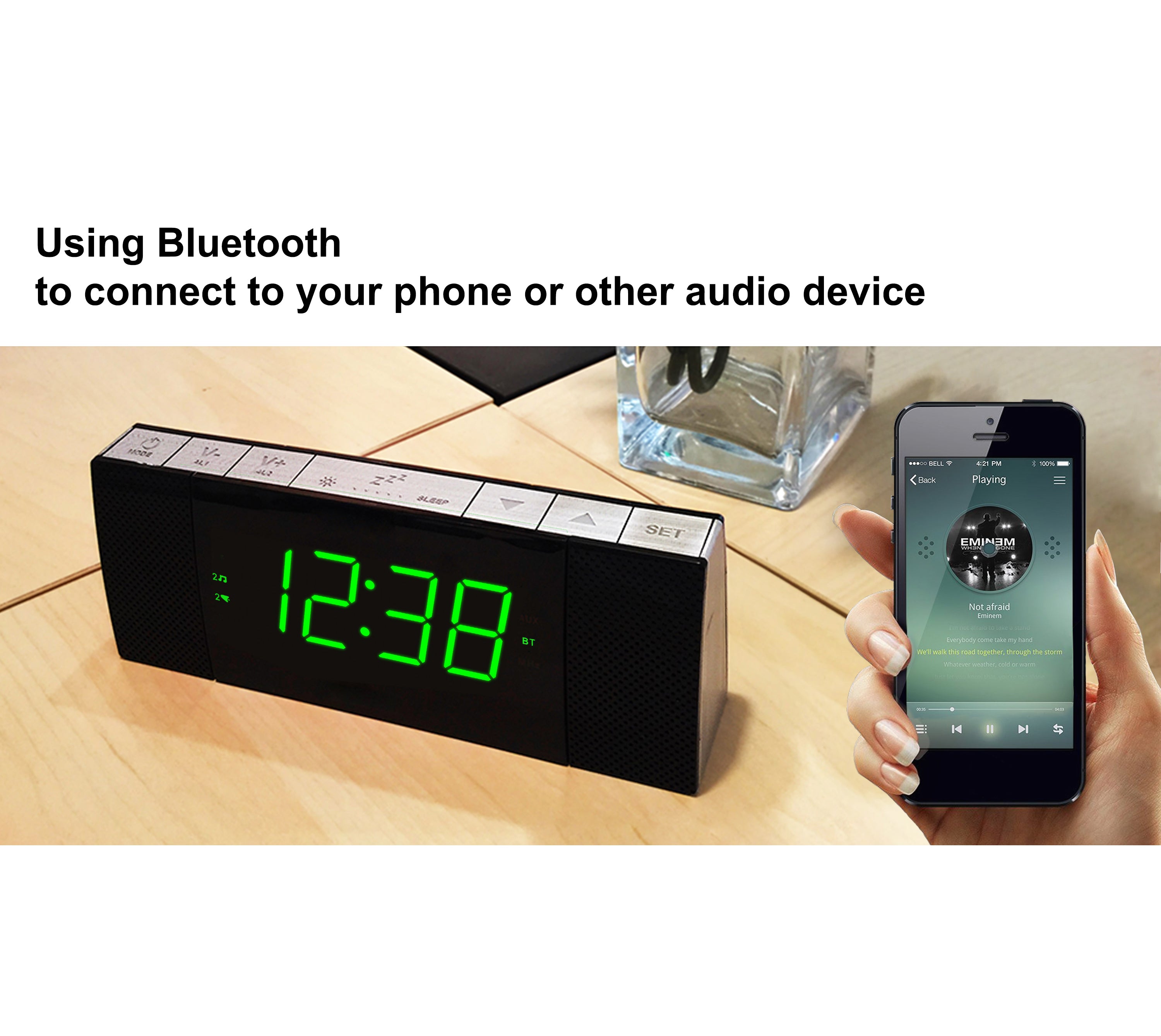 Digital iTOMA Bedside Alarm Clock Radio with Wireless Connection Speaker, Dimmable Jade Green LED Display, FM Radio with Sleep Timer, Dual Alarm with ON/OFF Push-button, Snooze, 12/24H 503U