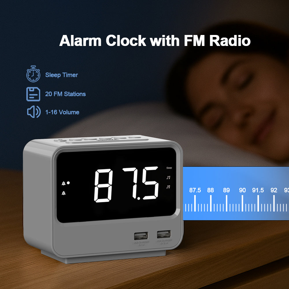 Alarm Clock Radio for Bedrooms with Two USB Charging Port, Large Numbers with adjustable Brightness, Bedside Digital FM Radio with Sleep Timer, Adjustable Volume, Snooze for White Led Digital Clock iTOMA A23