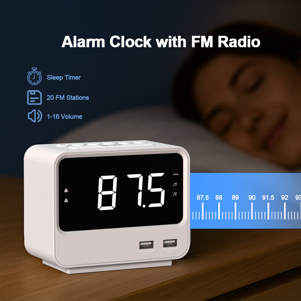 Alarm Clock Radio for Bedrooms with Two USB Charging Port, Large Numbers with adjustable Brightness, Bedside Digital FM Radio with Sleep Timer, Adjustable Volume, Snooze for White Led Digital Clock iTOMA A23