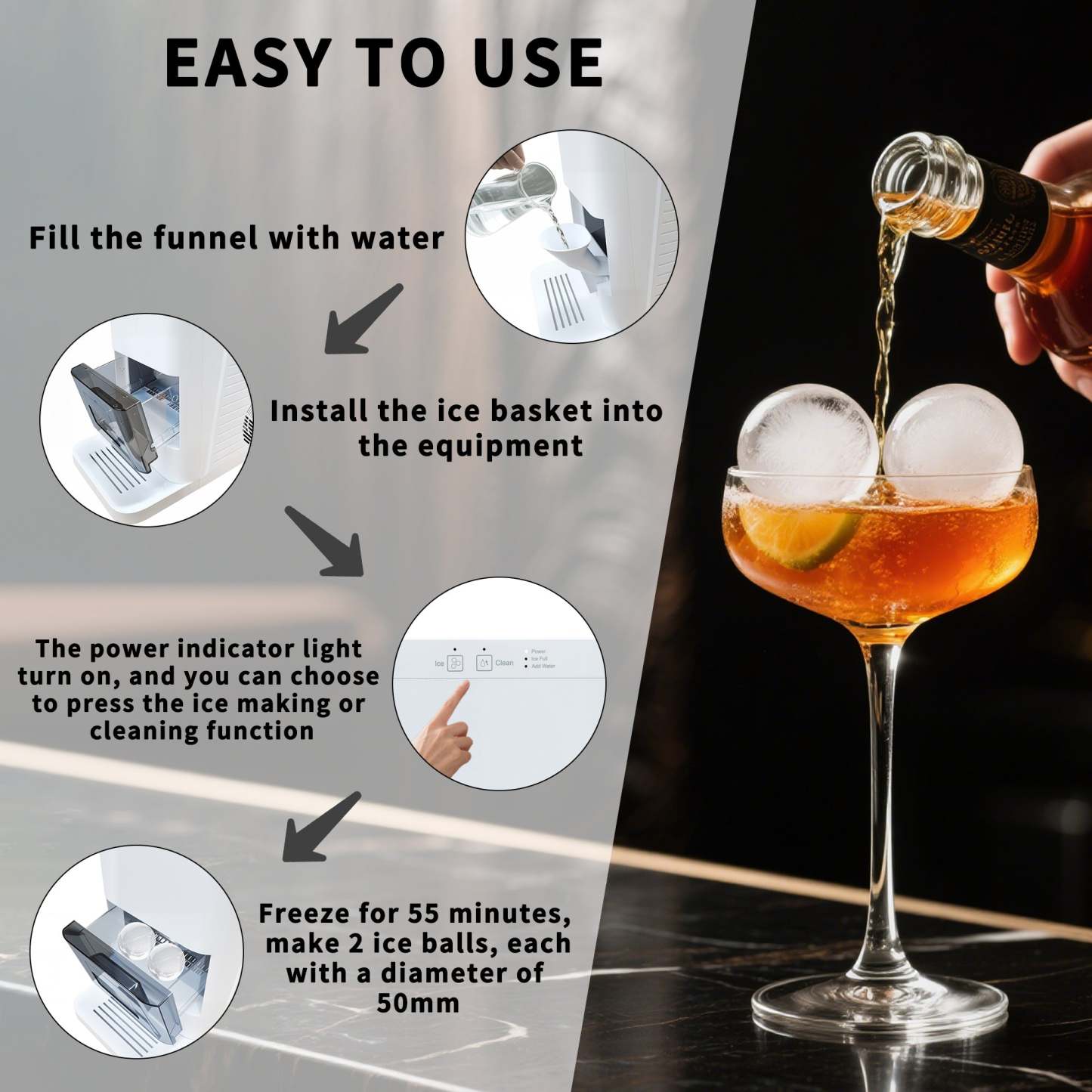 Fully-automated Artisanal Sphere Ice Maker – 2.3kg Daily Output, 50-Min Fast Ice, Smart Sensors, One-Touch Clean, Compact & Quiet for Home/Bar Use YH1590