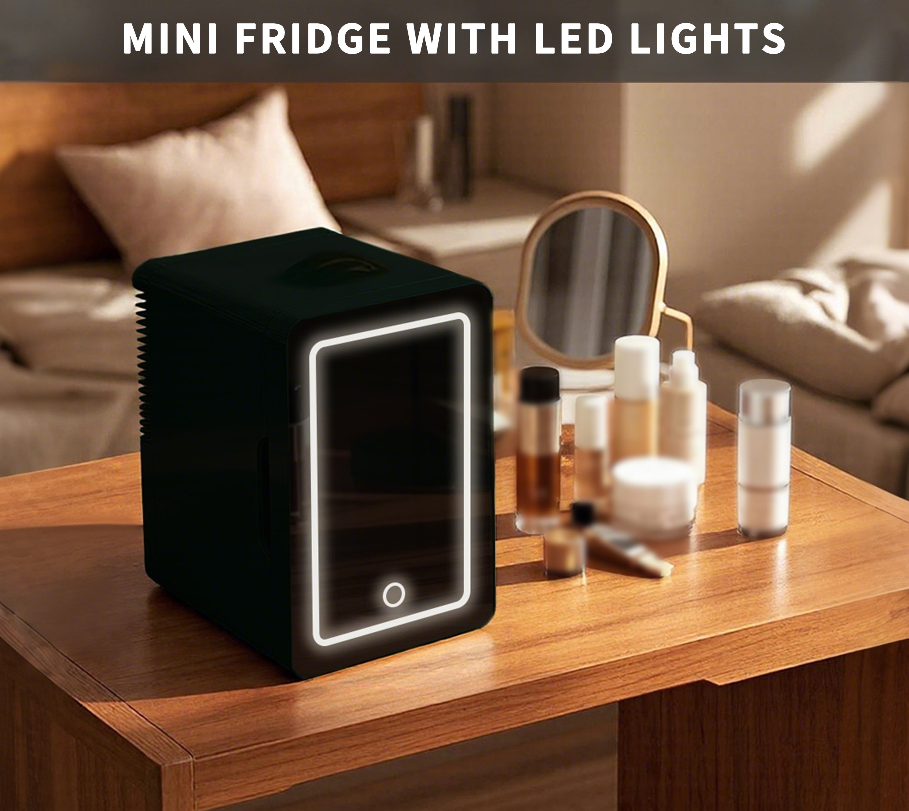 Mini Personal Fridge Cooler,Mirrored Door with Dimmable LED Light,6L  Capacity,Can Refrigerate Skin Care Products, Snacks, Drinks, Portable and Compact Black 6200