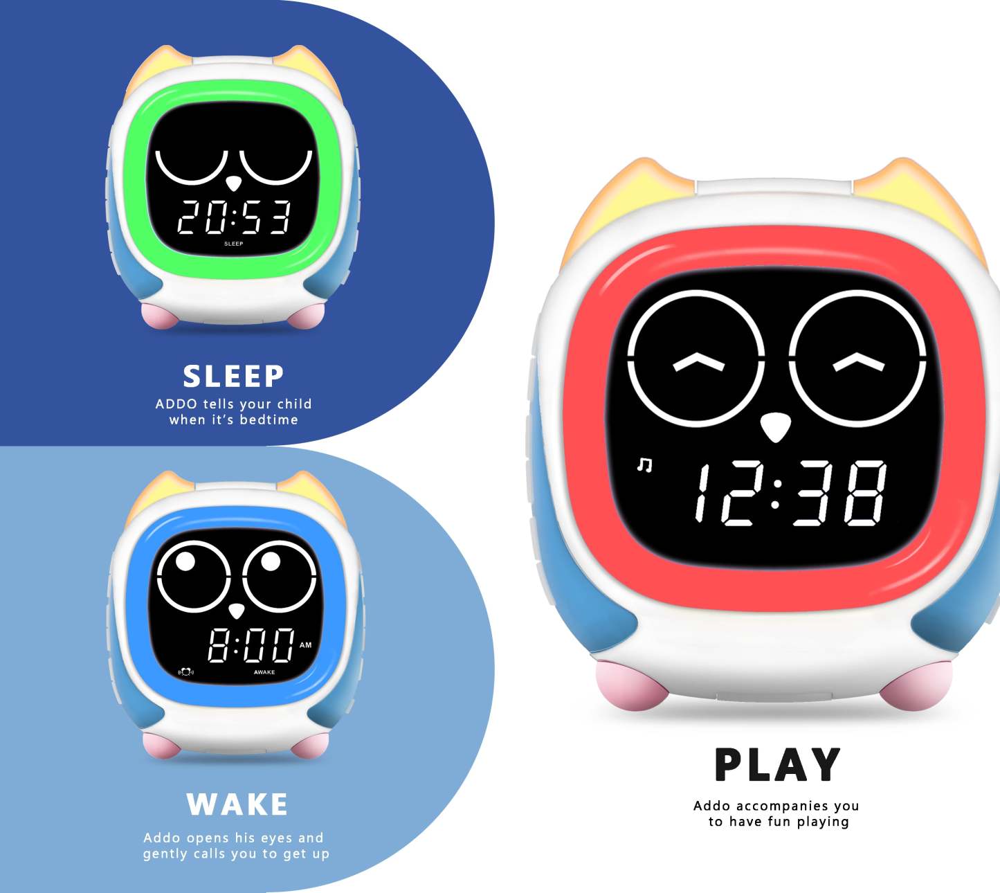 Kids Alarm Clock Addo,Sunrise/Sunset Simulation Bedside Lamp, Grow Children's Clock Trainer and Bluetooth Music Player,White Noise Sleep Sounds Wake Up Clock Owl iTOMA 912