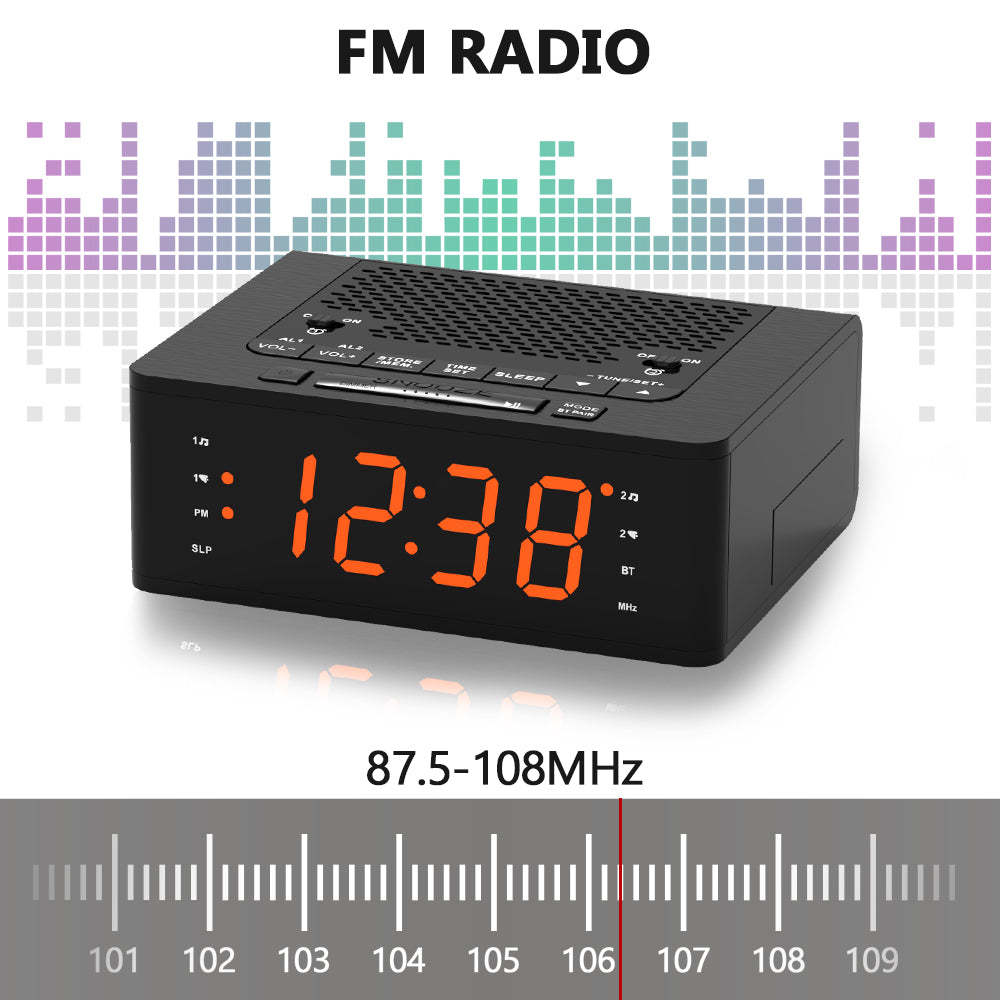 Bedroom Digital Alarm clock with FM radio, Bluetooth, Dimmable LED dis
