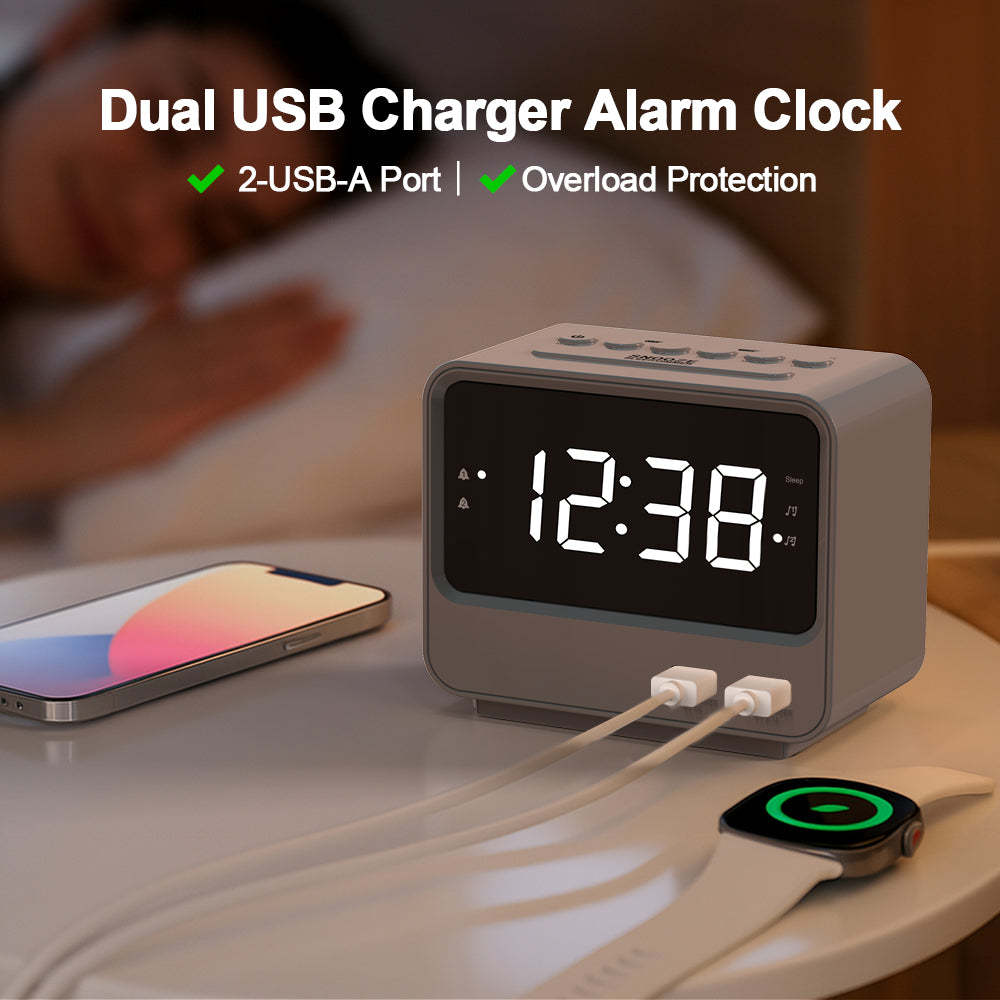 Alarm Clock Radio for Bedrooms with Two USB Charging Port, Large Numbers with adjustable Brightness, Bedside Digital FM Radio with Sleep Timer, Adjustable Volume, Snooze for White Led Digital Clock iTOMA A23