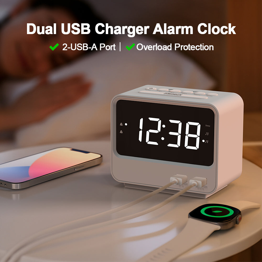 Alarm Clock Radio for Bedrooms with Two USB Charging Port, Large Numbers with adjustable Brightness, Bedside Digital FM Radio with Sleep Timer, Adjustable Volume, Snooze for White Led Digital Clock iTOMA A23