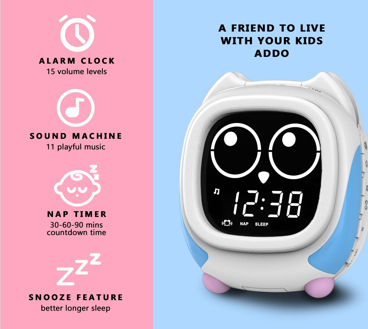 Kids Alarm Clock Addo,Sunrise/Sunset Simulation Bedside Lamp, Grow Children's Clock Trainer and Bluetooth Music Player,White Noise Sleep Sounds Wake Up Clock Owl iTOMA 912