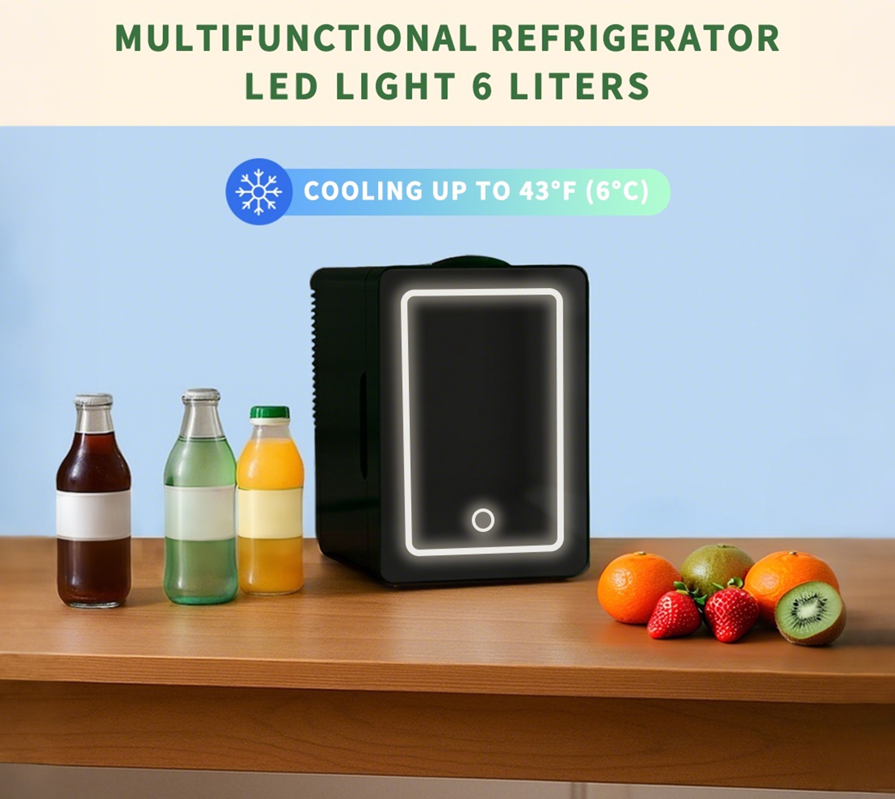Mini Personal Fridge Cooler,Mirrored Door with Dimmable LED Light,6L  Capacity,Can Refrigerate Skin Care Products, Snacks, Drinks, Portable and Compact Black 6200