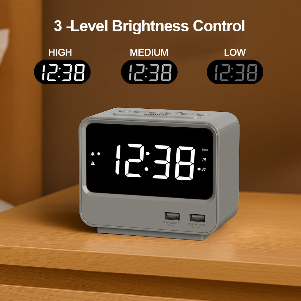 Alarm Clock Radio for Bedrooms with Two USB Charging Port, Large Numbers with adjustable Brightness, Bedside Digital FM Radio with Sleep Timer, Adjustable Volume, Snooze for White Led Digital Clock iTOMA A23