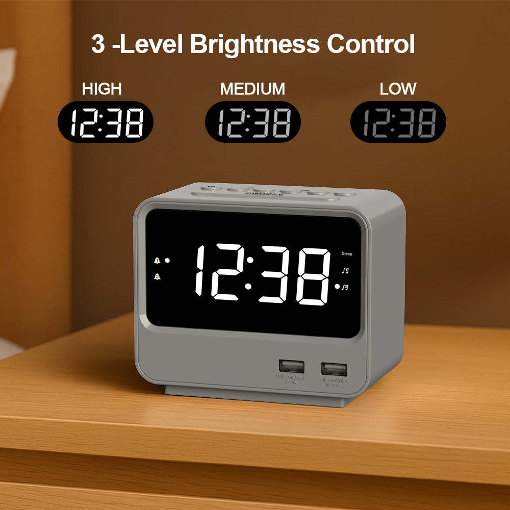 Alarm Clock Radio for Bedrooms with Two USB Charging Port, Large Numbers with adjustable Brightness, Bedside Digital FM Radio with Sleep Timer, Adjustable Volume, Snooze for White Led Digital Clock iTOMA A23