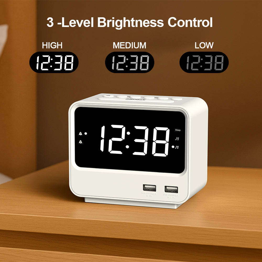 Alarm Clock Radio for Bedrooms with Two USB Charging Port, Large Numbers with adjustable Brightness, Bedside Digital FM Radio with Sleep Timer, Adjustable Volume, Snooze for White Led Digital Clock iTOMA A23