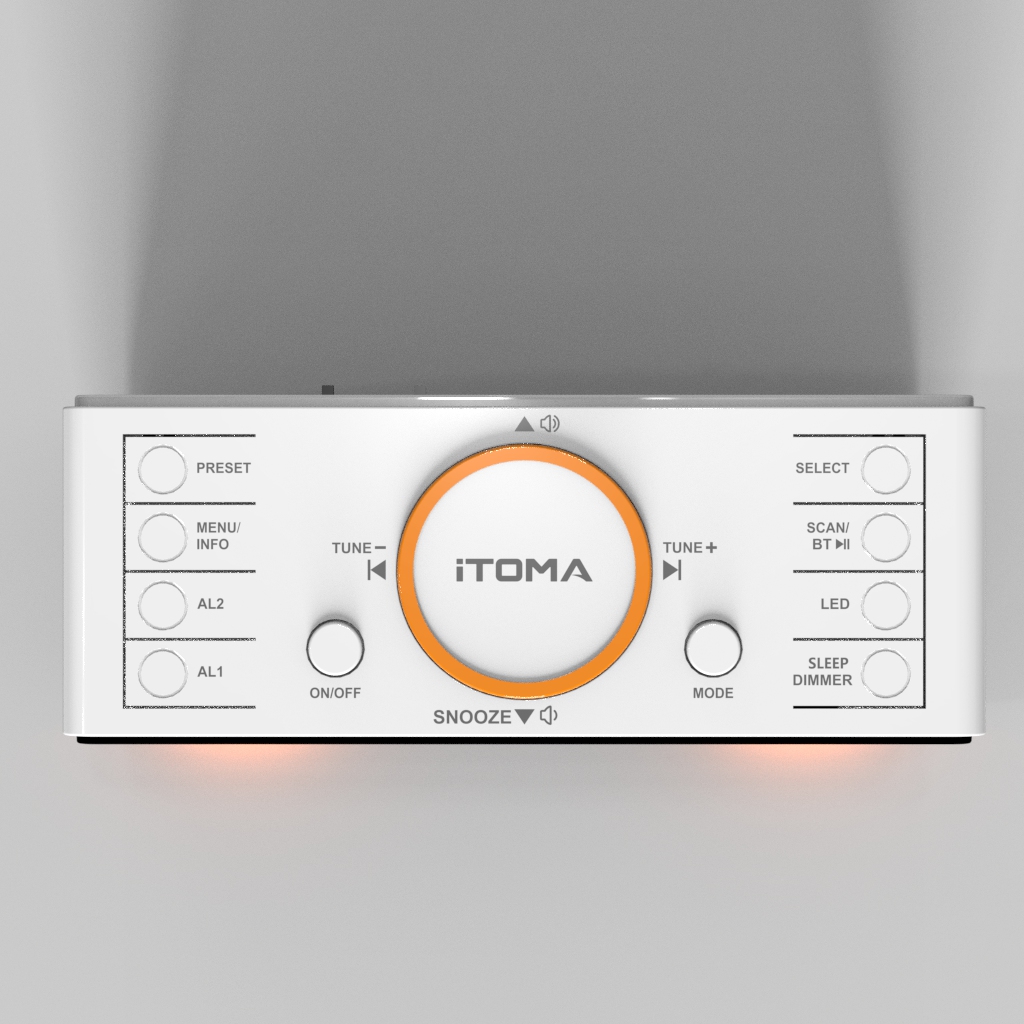 DAB and FM, Bluetooth, dual alarm clocks, sleep timer, dimming control, USB charger and headphone jack iTOMA 728