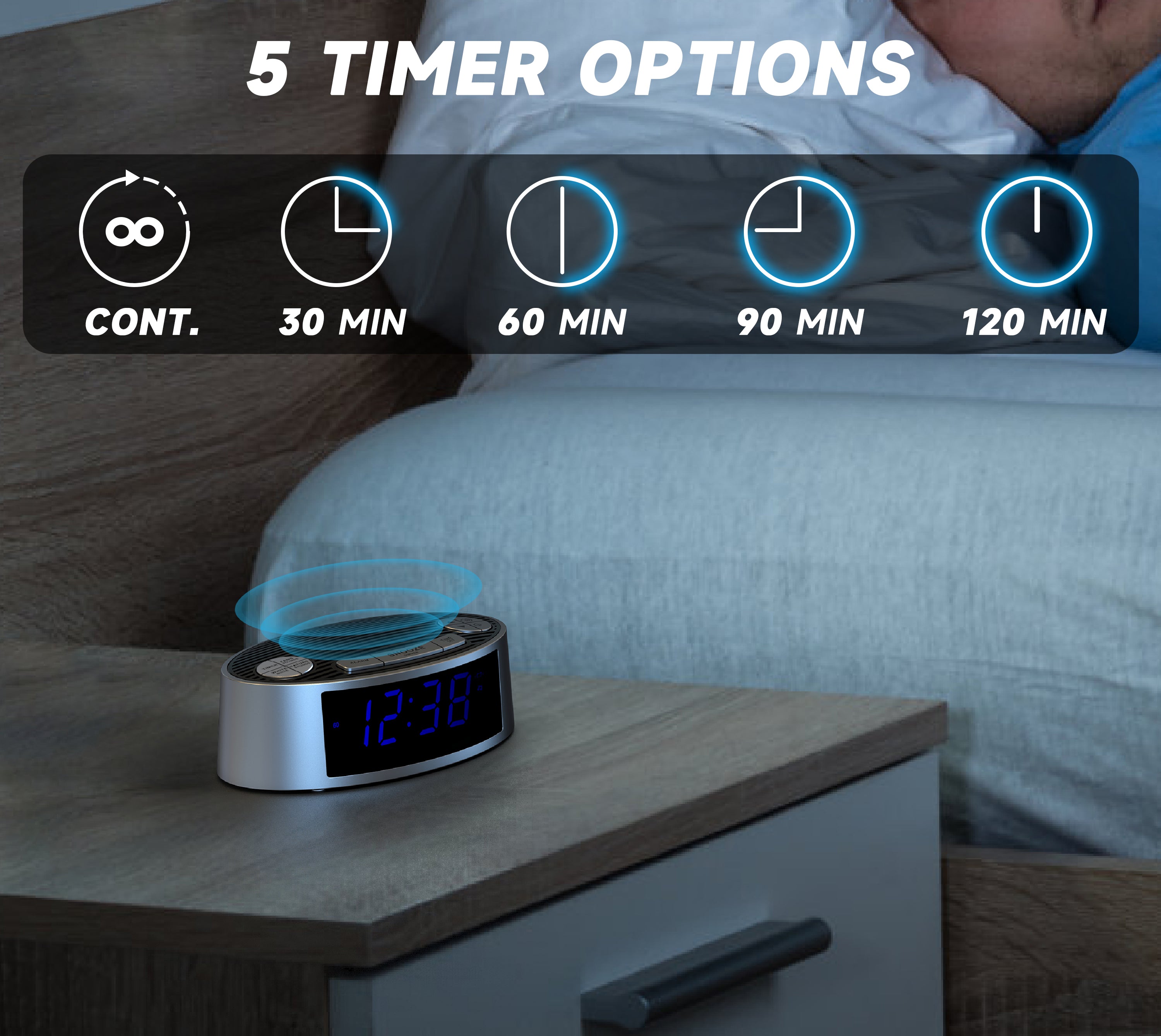 White Noise Machine with Alarm Clock, 20 Soothing Sounds, Wake to Vibration or Buzzer, Snooze, Dimmer Control, Timer and Memory Function for Home Travel iTOMA 301