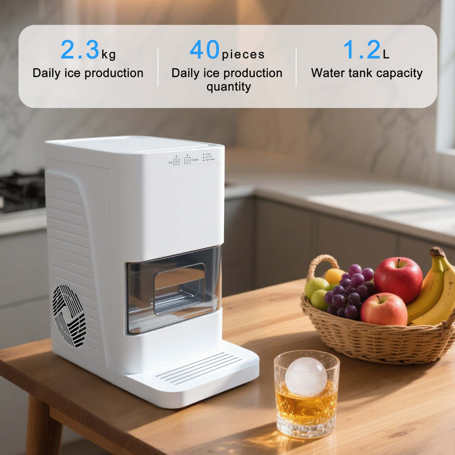 Fully-automated Artisanal Sphere Ice Maker – 2.3kg Daily Output, 50-Min Fast Ice, Smart Sensors, One-Touch Clean, Compact & Quiet for Home/Bar Use YH1590