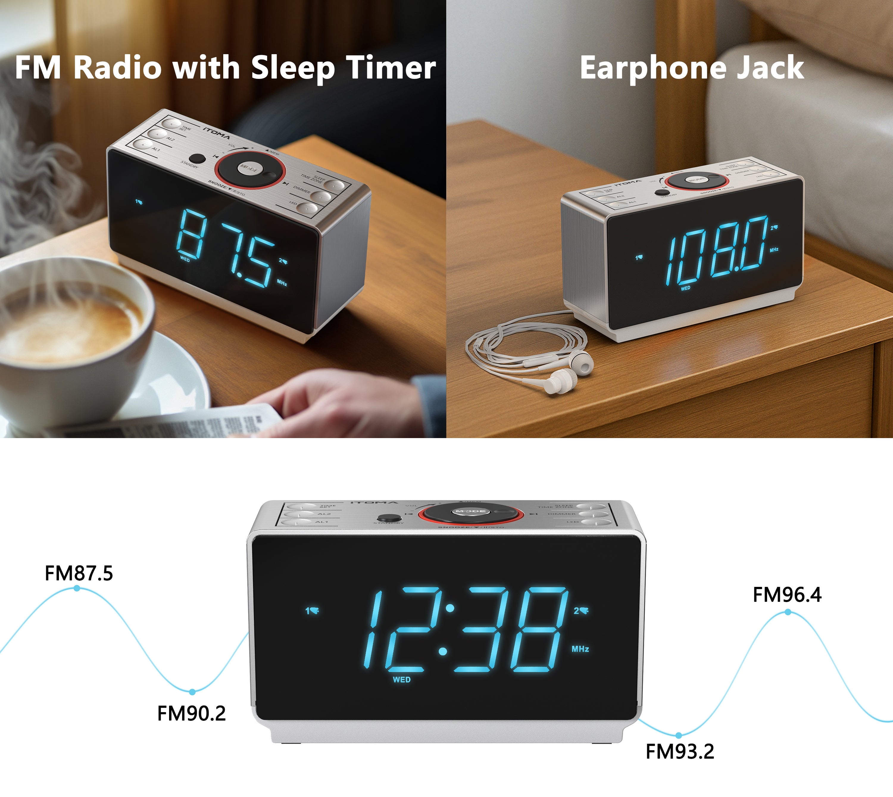 Digital Alarm Clock Radio with Bluetooth Speaker, FM Radio, Dual Alarm with Snooze, Large LED Display, Dimmer Control, Headphone,USB Charging Output and Night Light iTOMA 708