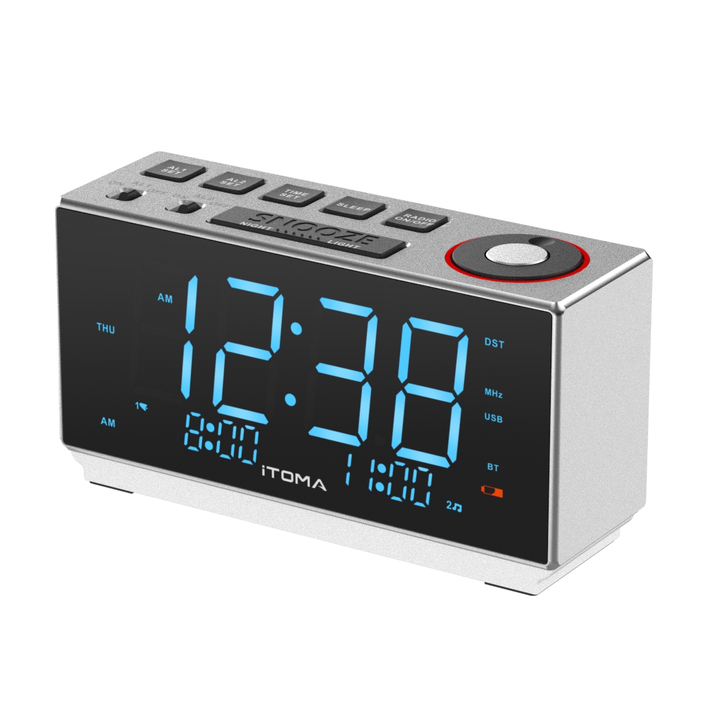 Dual Alarm Clock with FM Radio, USB Charging, 1.8'' LED Display, Night Light, Snooze, Dimmer Control, Bluetooth Speaker, Temperature & Humidity Display iTOMA 508