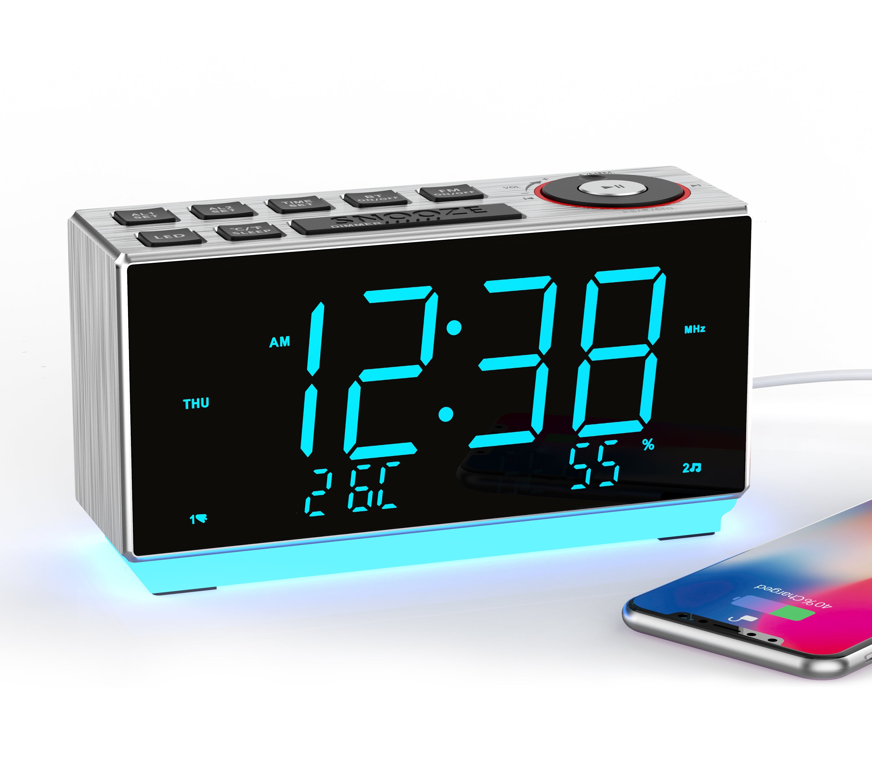 Dual Alarm Clock with FM Radio, USB Charging, 1.8'' LED Display, Night Light, Snooze, Dimmer Control, Bluetooth Speaker, Temperature & Humidity Display iTOMA 508