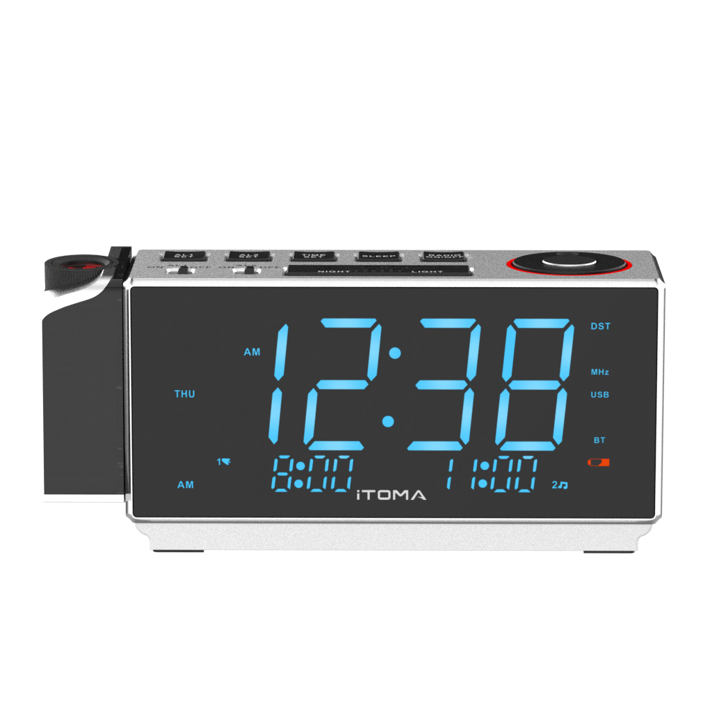 Digital Projection Alarm Clock with FM Radio, USB Charging, 1.8'' LED Display, Night Light, Dual Alarm, Snooze, Dimmer Control, Bedside Clock Radio iTOMA 509