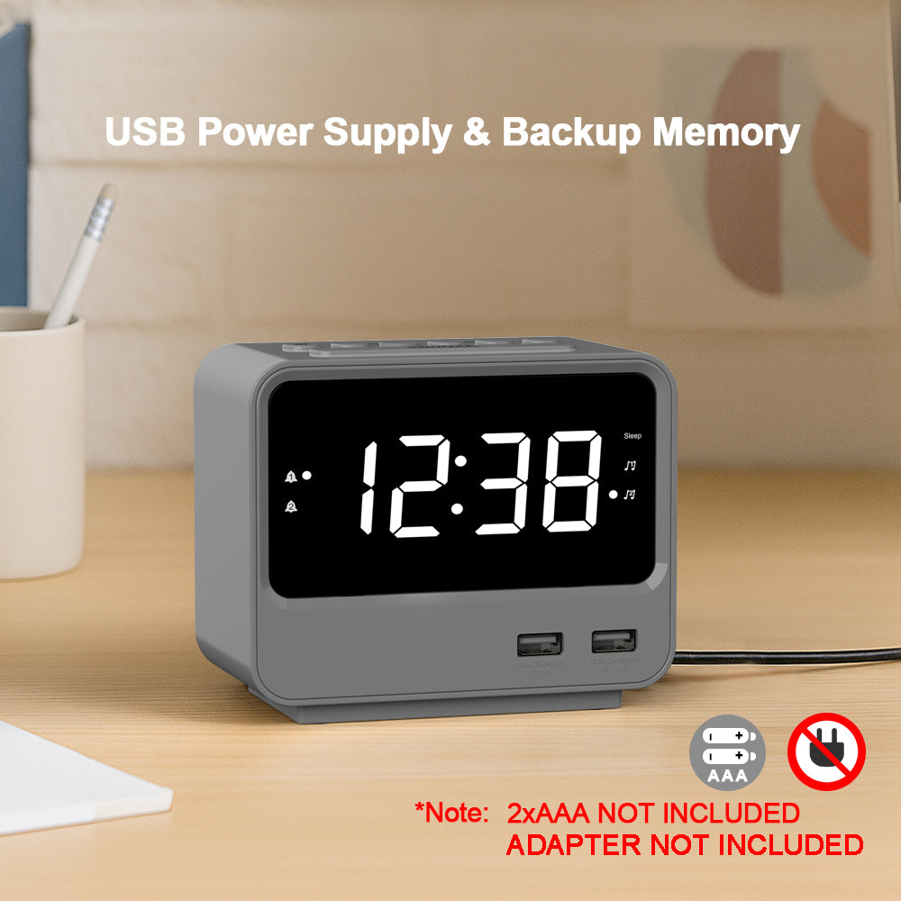 Alarm Clock Radio for Bedrooms with Two USB Charging Port, Large Numbers with adjustable Brightness, Bedside Digital FM Radio with Sleep Timer, Adjustable Volume, Snooze for White Led Digital Clock iTOMA A23
