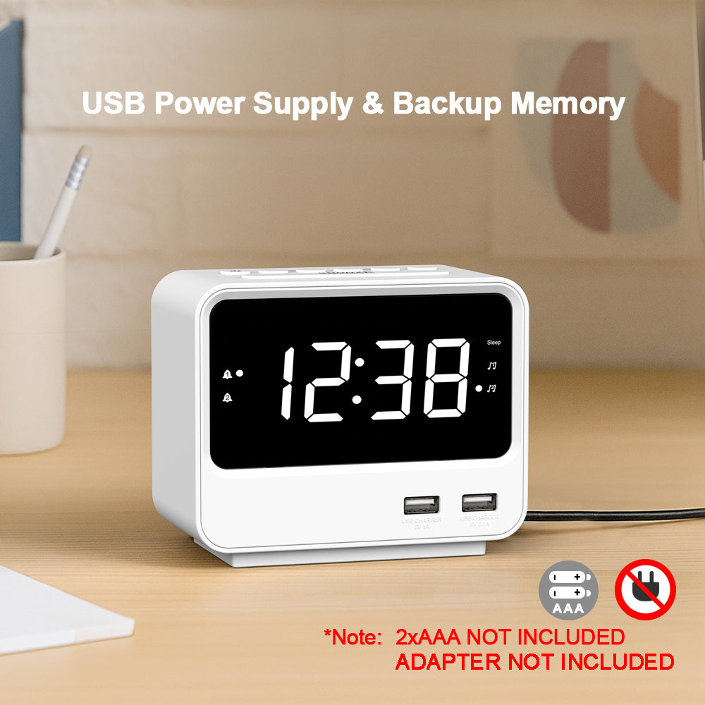 Alarm Clock Radio for Bedrooms with Two USB Charging Port, Large Numbers with adjustable Brightness, Bedside Digital FM Radio with Sleep Timer, Adjustable Volume, Snooze for White Led Digital Clock iTOMA A23