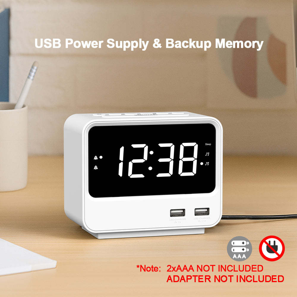Alarm Clock Radio for Bedrooms with Two USB Charging Port, Large Numbers with adjustable Brightness, Bedside Digital FM Radio with Sleep Timer, Adjustable Volume, Snooze for White Led Digital Clock iTOMA A23