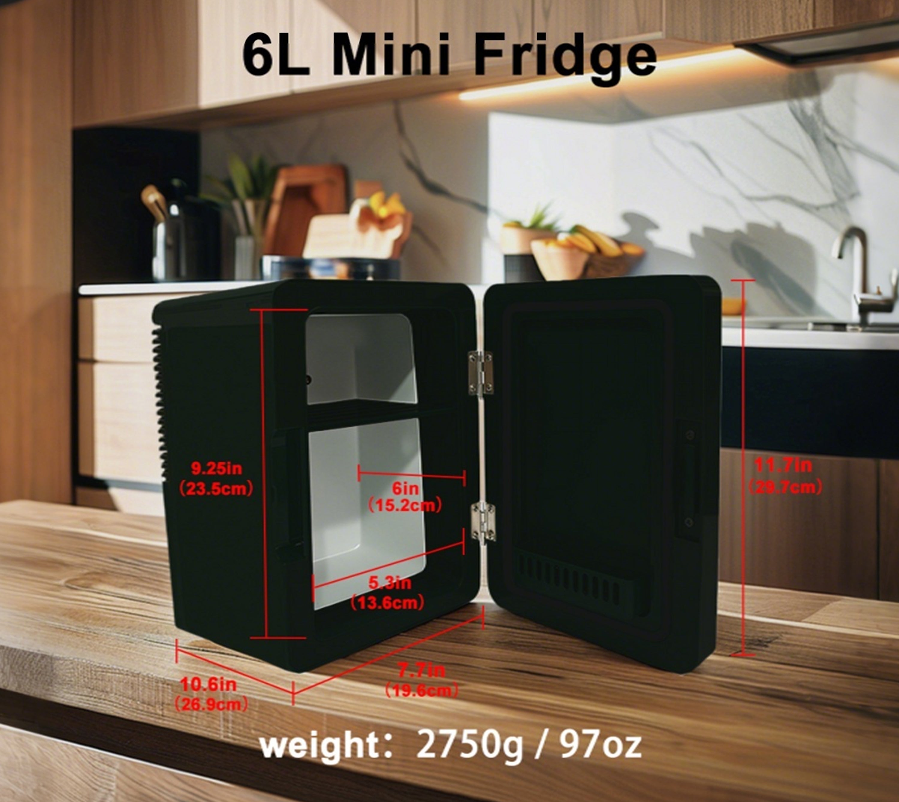 Mini Personal Fridge Cooler,Mirrored Door with Dimmable LED Light,6L  Capacity,Can Refrigerate Skin Care Products, Snacks, Drinks, Portable and Compact Black 6200