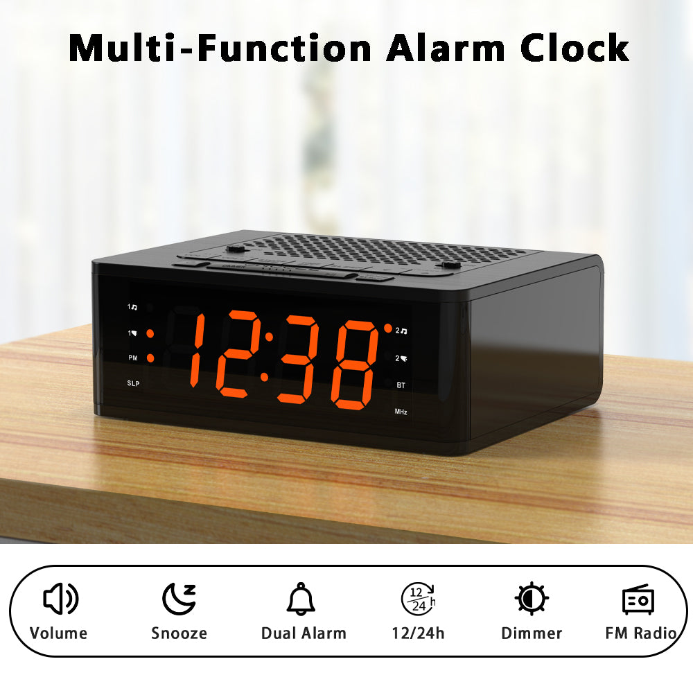 Bedroom Digital Alarm clock with FM radio, Bluetooth, Dimmable LED display screen, sleep timer, adjustable volume, dual alarm clock with on/off button, bedside alarm clock for adults, the elderly and children iTOMA 515