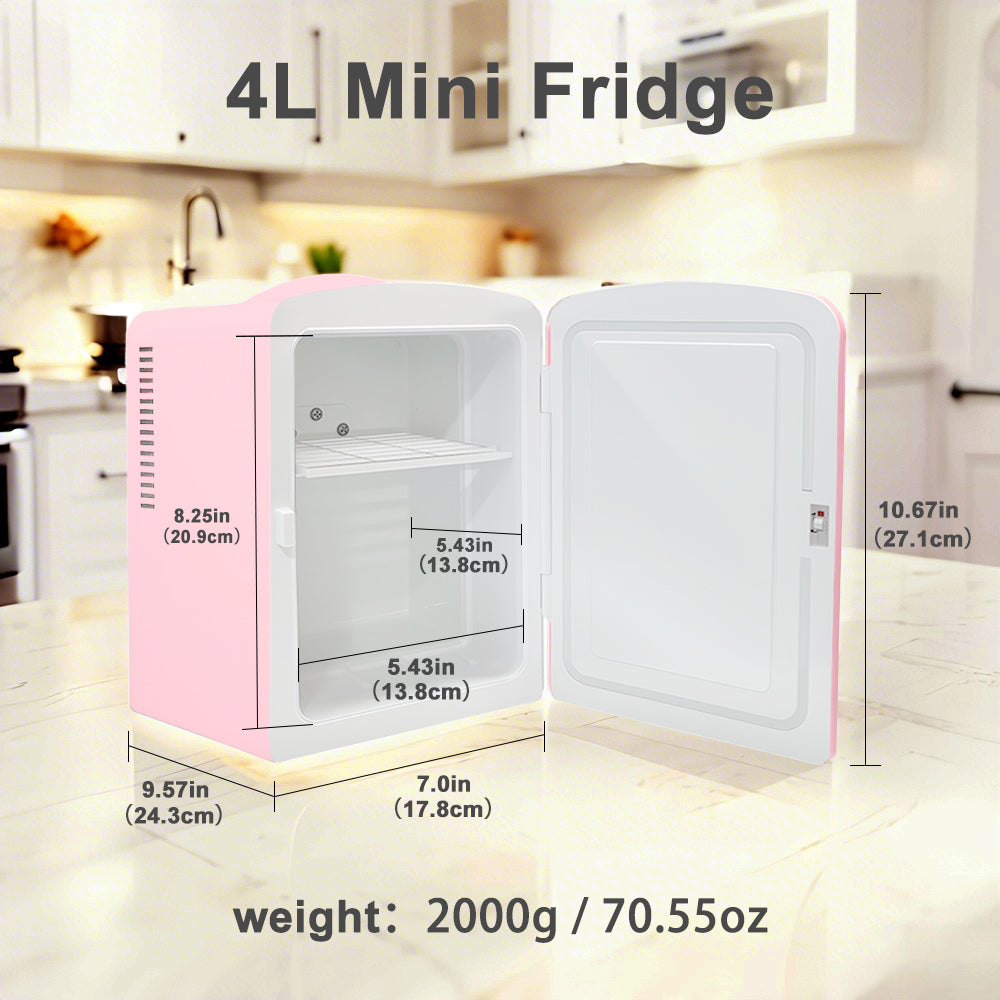 Mini Fridge 4L K4206 Pink, 4 Liter/6 Can Portable Cooler Personal Refrigerator for Skin Care, Cosmetics, Beverage, Food,100% Freon-Free Eco Friendly for Bedroom, Office, Dorm